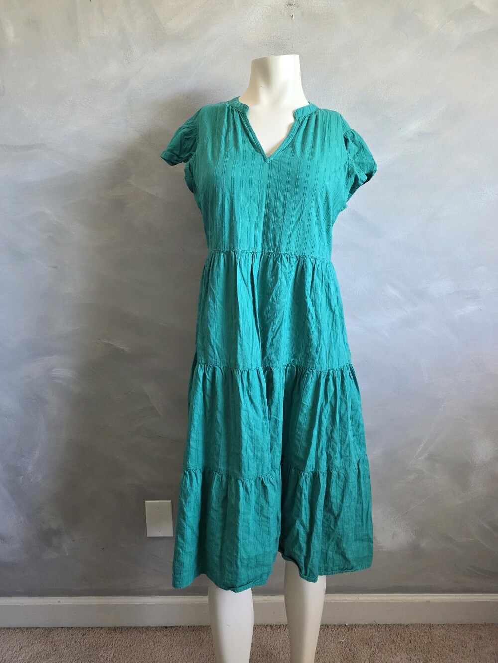 Turquoise Teal V Neck Tiered Ruffle Textured Midi Dress Sz S Womens Cotton Blend